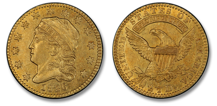 1826/6 Capped Head Left Quarter Eagle. BD-1. AU-58 (PCGS).