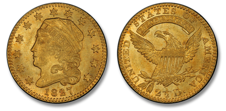 1827 Capped Head Left Quarter Eagle. BD-1. MS-65 (PCGS).