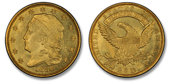 1830 Capped Head Left Quarter Eagle. BD-1. MS-65 (PCGS).