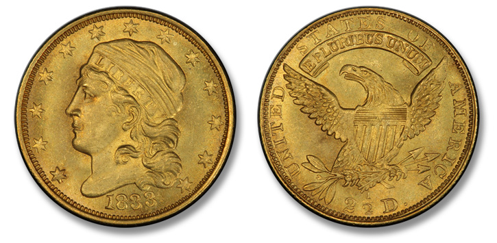 1833 Capped Head Left Quarter Eagle. BD-1. MS-66+ (PCGS).1833 Capped Head Left Quarter Eagle. BD-1. MS-66+ (PCGS).
