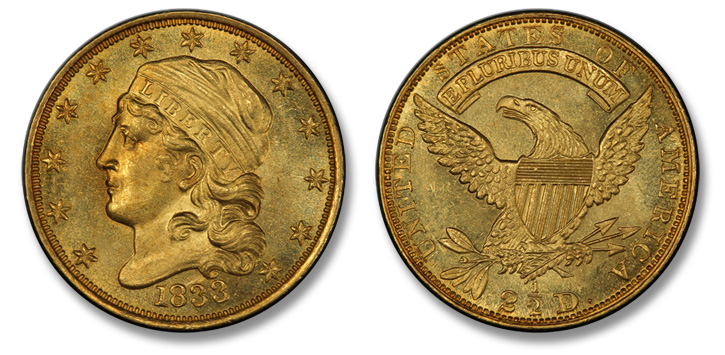 1833 Capped Head Left Quarter Eagle. BD-1. MS-66+ (PCGS).