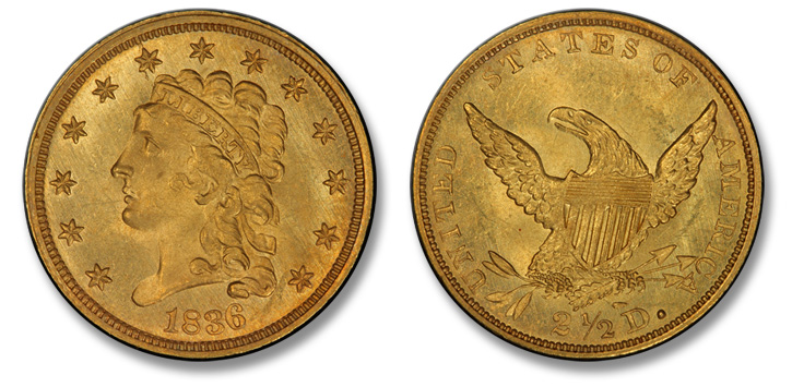 1836 Classic Head Quarter Eagle. McCloskey-2. Script 8. MS-65+ (PCGS).