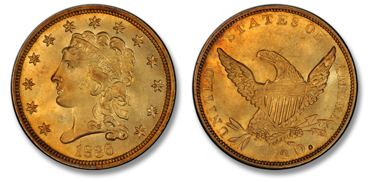 1836 Classic Head Quarter Eagle. McCloskey-2. Script 8. MS-65+ (PCGS).