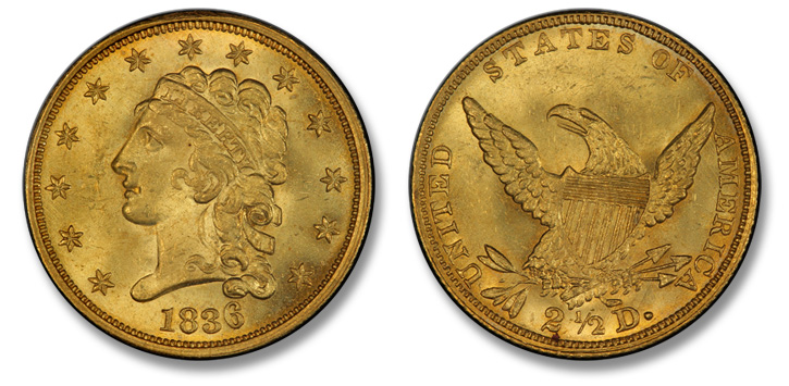 1836 Classic Head Quarter Eagle. McCloskey-6. Block 8. MS-66 (PCGS).