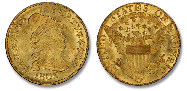 "1803 Capped Bust Right Eagle. BD-5. Large Reverse Stars, Extra Star. MS-65 (PCGS)."