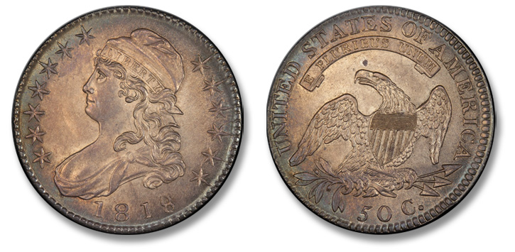 1818/7 Capped Bust Half Dollar. O-103a. Large 8. MS-64 (PCGS).