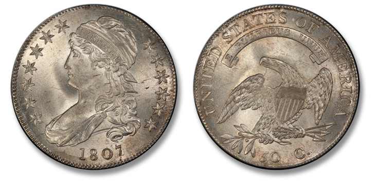 1807 Capped Bust Half Dollar. O-114. Large Stars. MS-66 (PCGS).