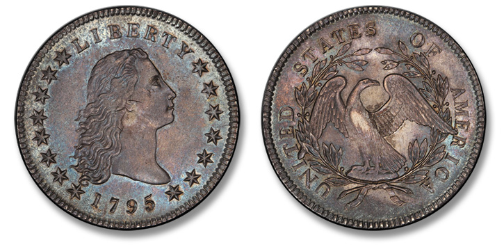 1795 Flowing Hair Silver Dollar. BB-18, B-7. Three Leaves--Silver Plug--MS-64 (PCGS).