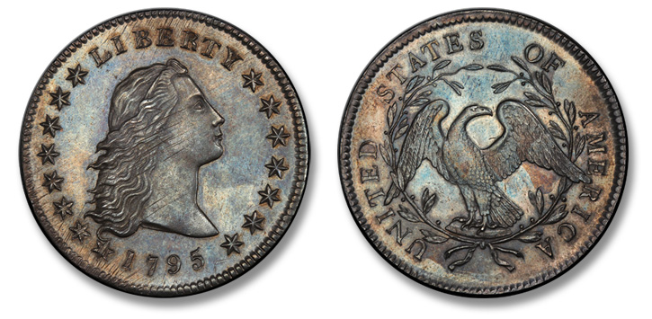 1795 Flowing Hair Silver Dollar. BB-24, B-13. Two Leaves. MS-65 (PCGS).