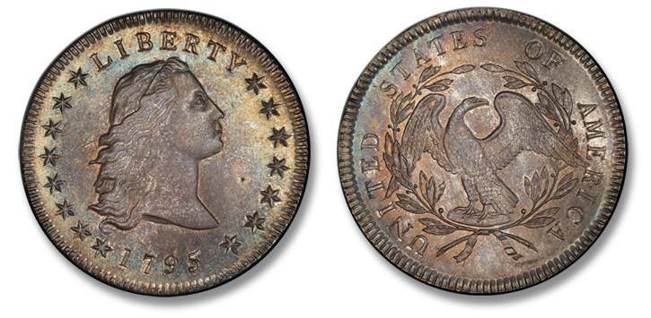 1795 Flowing Hair Silver Dollar. BB-27, B-5. Three Leaves. MS-64+ (PCGS).