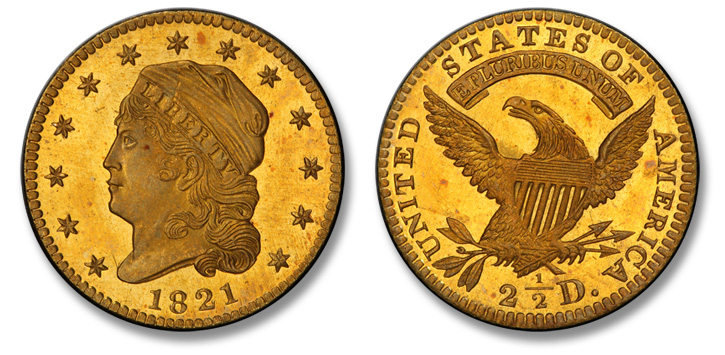 1821 Capped Head Left Quarter Eagle. BD-1. MS-66+ (PCGS).