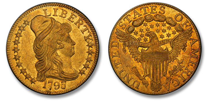 1797/5 Capped Bust Right Half Eagle. Heraldic Eagle. BD-7. MS-62+ (PCGS). 