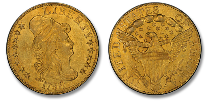 "1798 Capped Bust Right Half Eagle. Heraldic Eagle. BD-2. Large 8, 13-Star Reverse, Narrow Date. MS-63 (PCGS)." 