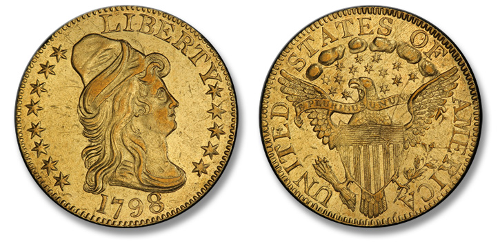 "1798 Capped Bust Right Half Eagle. Heraldic Eagle. BD-3. Large 8, 14-Star Reverse, Wide Date. AU-55 (PCGS)."
