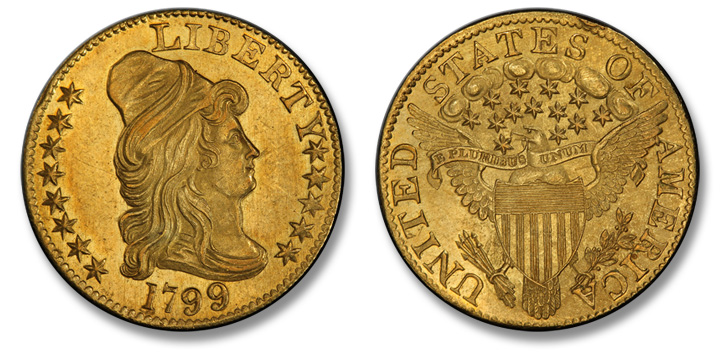 1799 Capped Bust Right Half Eagle. BD-5. Large Reverse Stars. MS-63+ (PCGS).