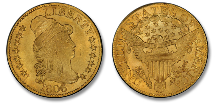 "1806 Capped Bust Right Half Eagle. BD-6. Round-Top 6, Stars 7x6. MS-65 (PCGS)."