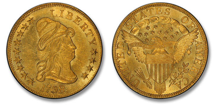 1798/7 Capped Bust Right Eagle. BD-1. Stars 9x4. MS-62+ (PCGS).